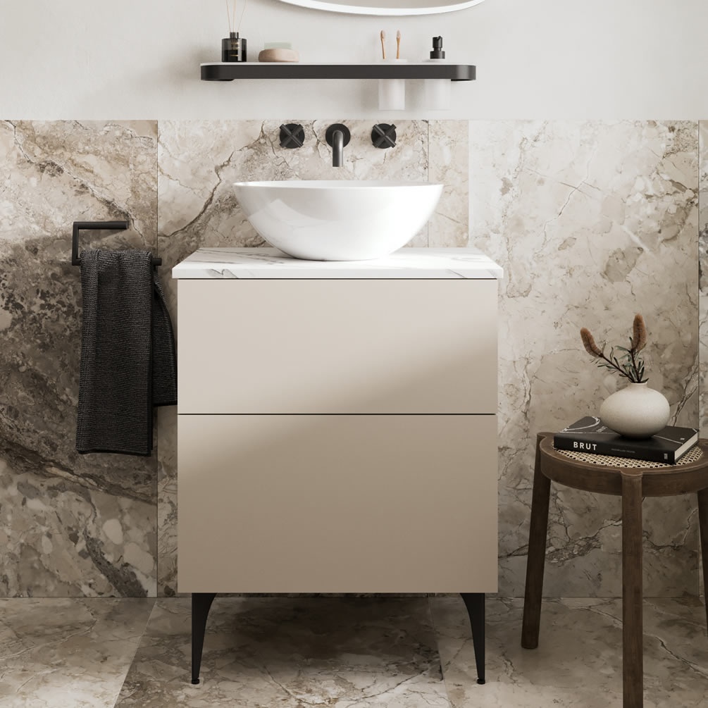 Crosswater Avenue Warm Stone 600mm Double Drawer Unit & Carrara Marble Worktop - Lifestyle Image
